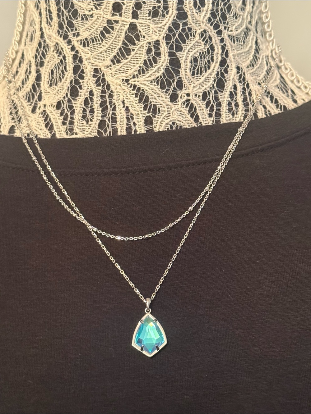 Kendra Scott Silver Layered Necklace with Crystal Pendant & Earrings Set